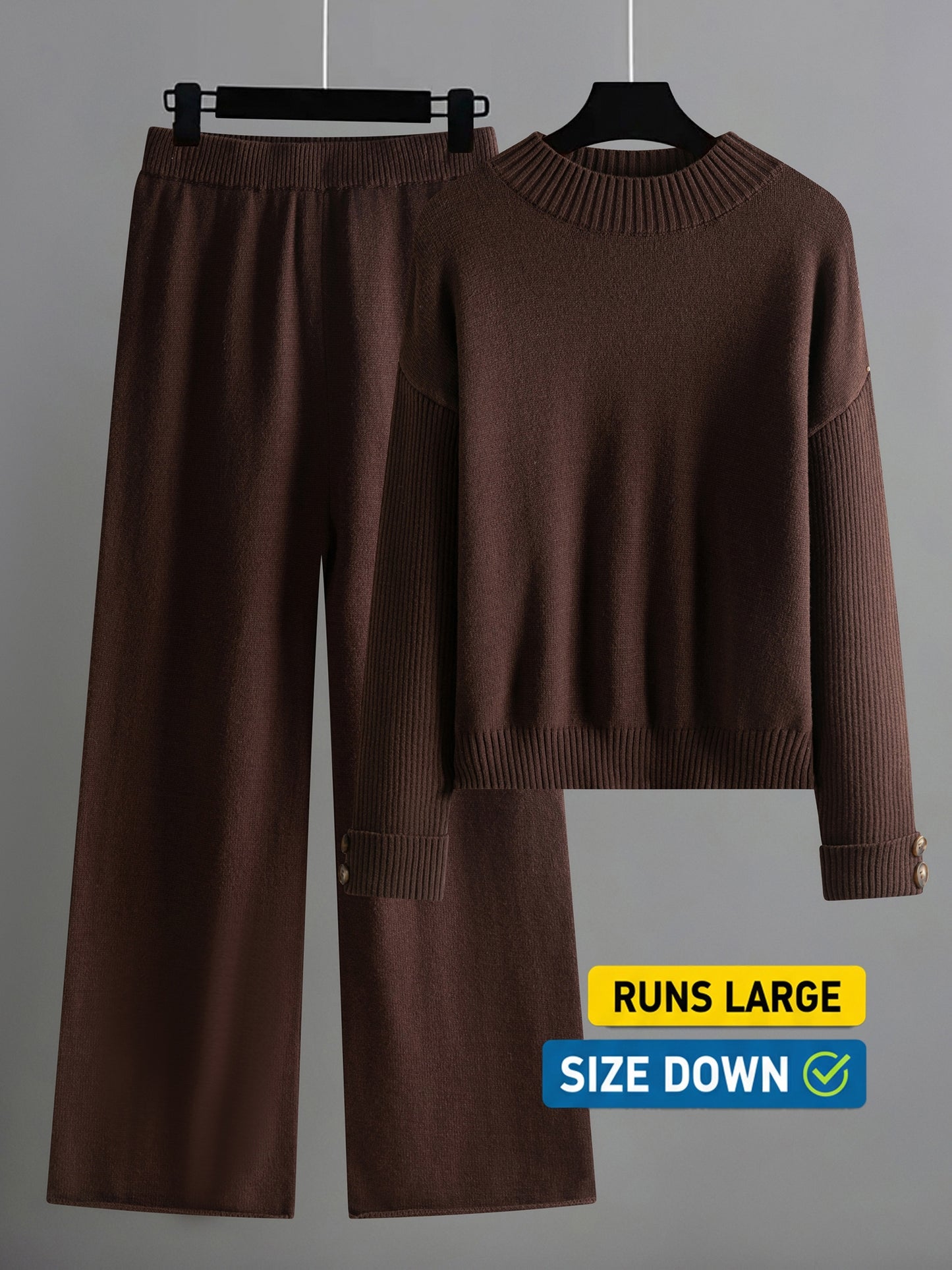 Women's Elegant Lounge Set with Ribbed Crewneck Pullover and Wide Leg Pants Soft Two Piece Fall Winter Outfit Cozy Casual Loungewear Solid Color Sweater Matching Set