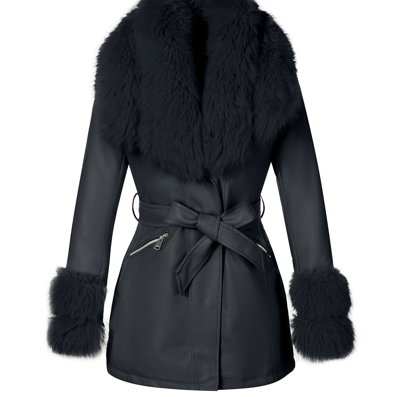 Women's Elegant Winter Jacket with Detachable Fake Fur Collar & Lapel - Belted Coat, Solid Color Long Sleeve Outerwear for Fall/Winter, Non-Stretch for Dresses/Skirts/Jeans