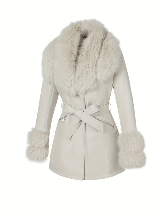 Women's Elegant Winter Jacket with Detachable Fake Fur Collar & Lapel - Belted Coat, Solid Color Long Sleeve Outerwear for Fall/Winter, Non-Stretch for Dresses/Skirts/Jeans