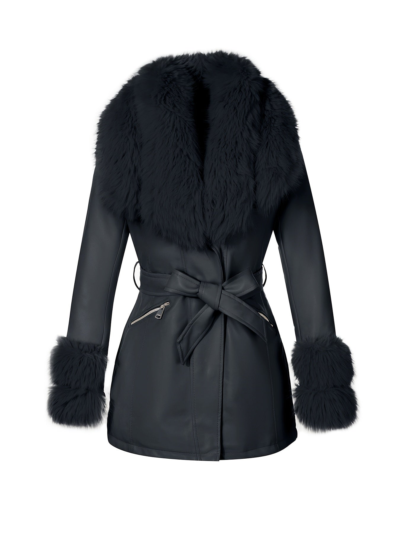 Women's Elegant Winter Jacket with Detachable Fake Fur Collar & Lapel - Belted Coat, Solid Color Long Sleeve Outerwear for Fall/Winter, Non-Stretch for Dresses/Skirts/Jeans