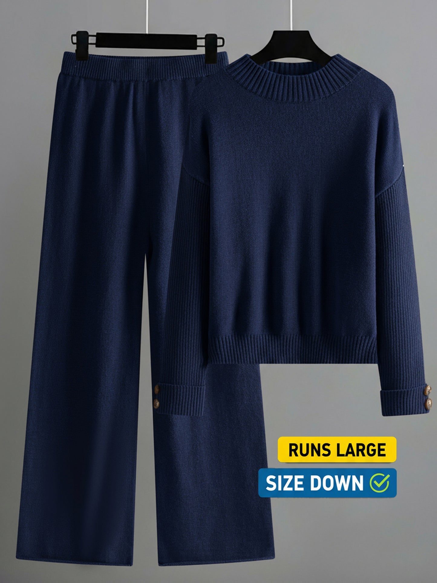 Women's Elegant Lounge Set with Ribbed Crewneck Pullover and Wide Leg Pants Soft Two Piece Fall Winter Outfit Cozy Casual Loungewear Solid Color Sweater Matching Set