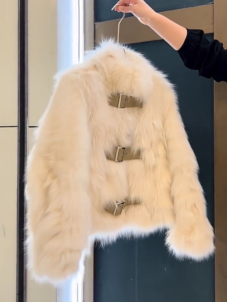 Women's Luxury Plush Fur Coat - White Fox-like Fur Jacket with Single-Button Front Closure, H-Line Silhouette & Beltless Design | Winter Warmth, Loose Fit Long Sleeve Winter Coat for Fall/Winter | Solid Color (No Pattern) | H