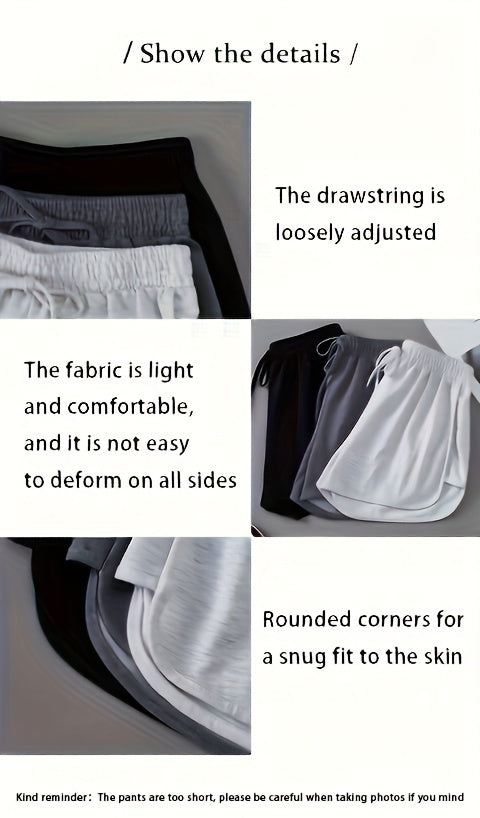 3 Pieces Set Solid Drawstring Running Shorts, Elastic Waist Casual Dolphin Shorts, Women's Clothing