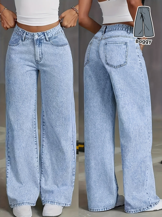 Women's 2025 new stretch loose wide leg straight jeans. acid wash light blue tummy control casual pants with pockets, high waisted comfort solid color pantalones, elegant ladies' clothing, denim trousers fit for travel, work