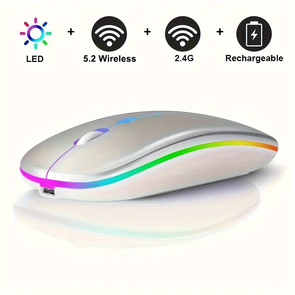 Rechargeable LED Backlit Wireless Mouse, Ultra-Thin 2.4G/5.2 Dual Mode Silent Portable USB Optical Gaming Mouse, Compatible with Laptop/Desktop/Tablet, Ambidextrous Design, 500mAh Battery, Type-C Charging, No Charger Included
