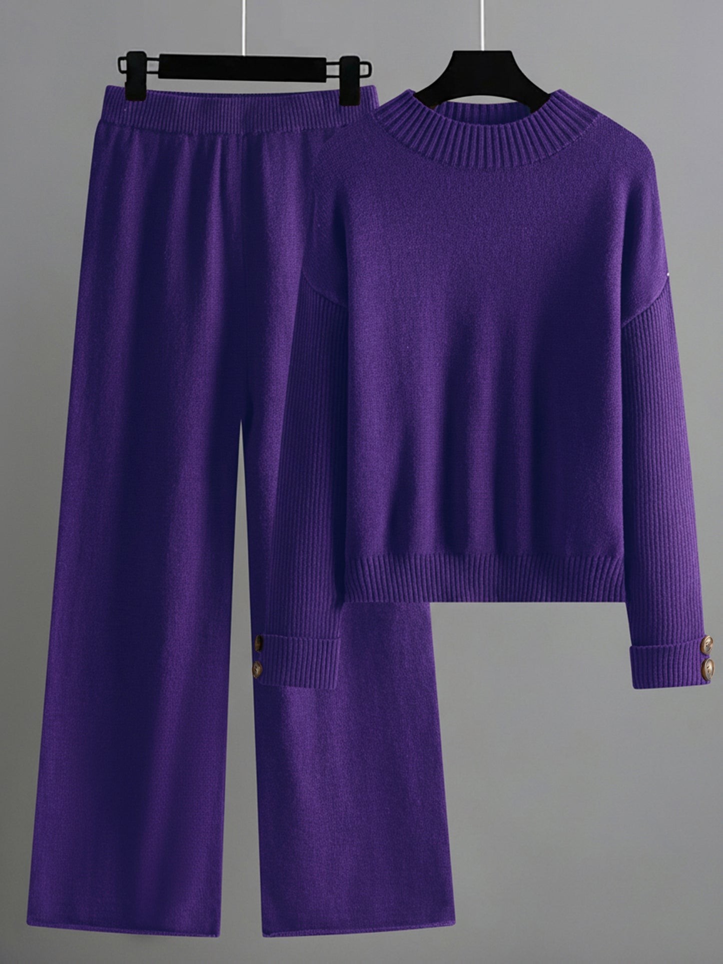 Women's Elegant Lounge Set with Ribbed Crewneck Pullover and Wide Leg Pants Soft Two Piece Fall Winter Outfit Cozy Casual Loungewear Solid Color Sweater Matching Set