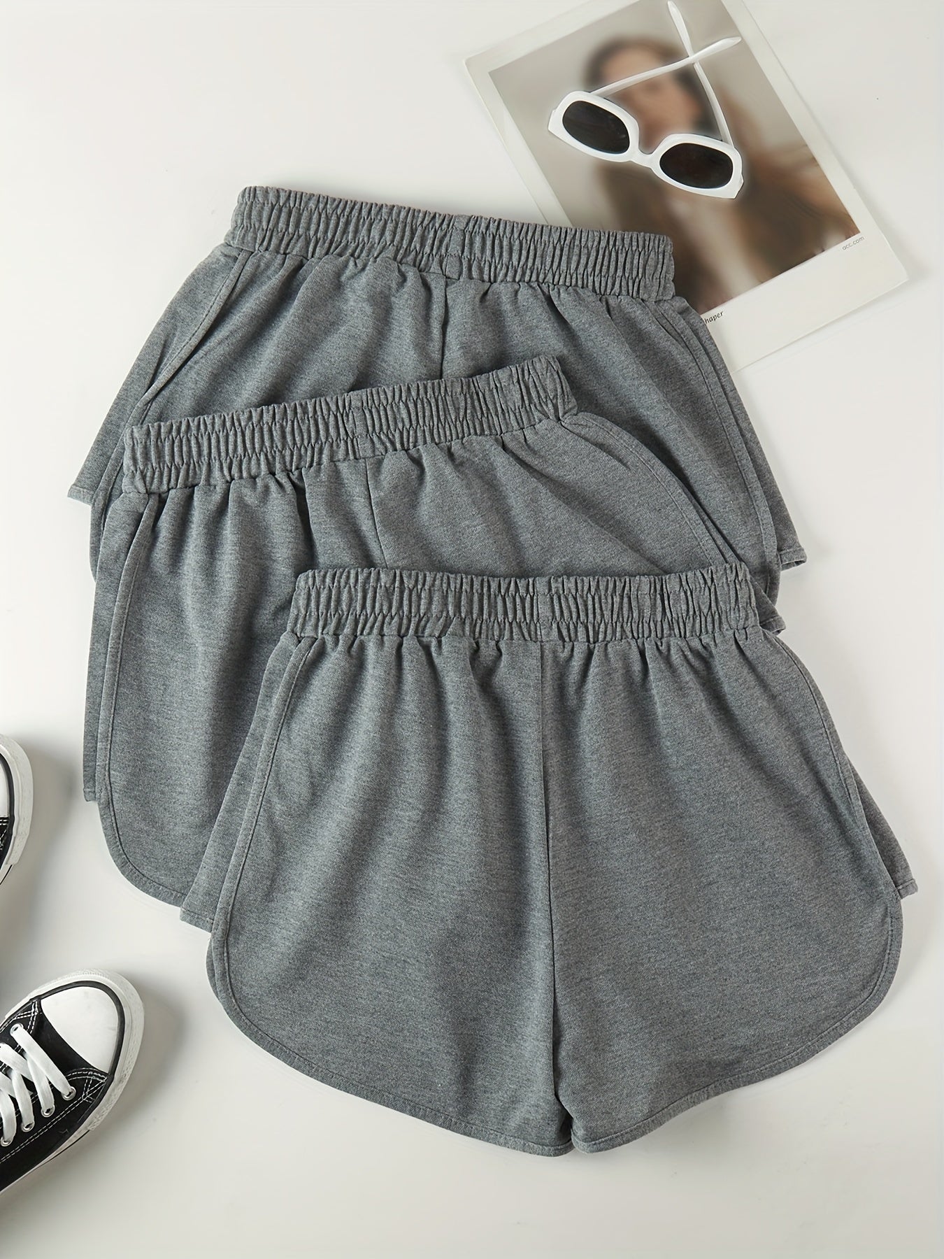 3 Pieces Set Solid Drawstring Running Shorts, Elastic Waist Casual Dolphin Shorts, Women's Clothing