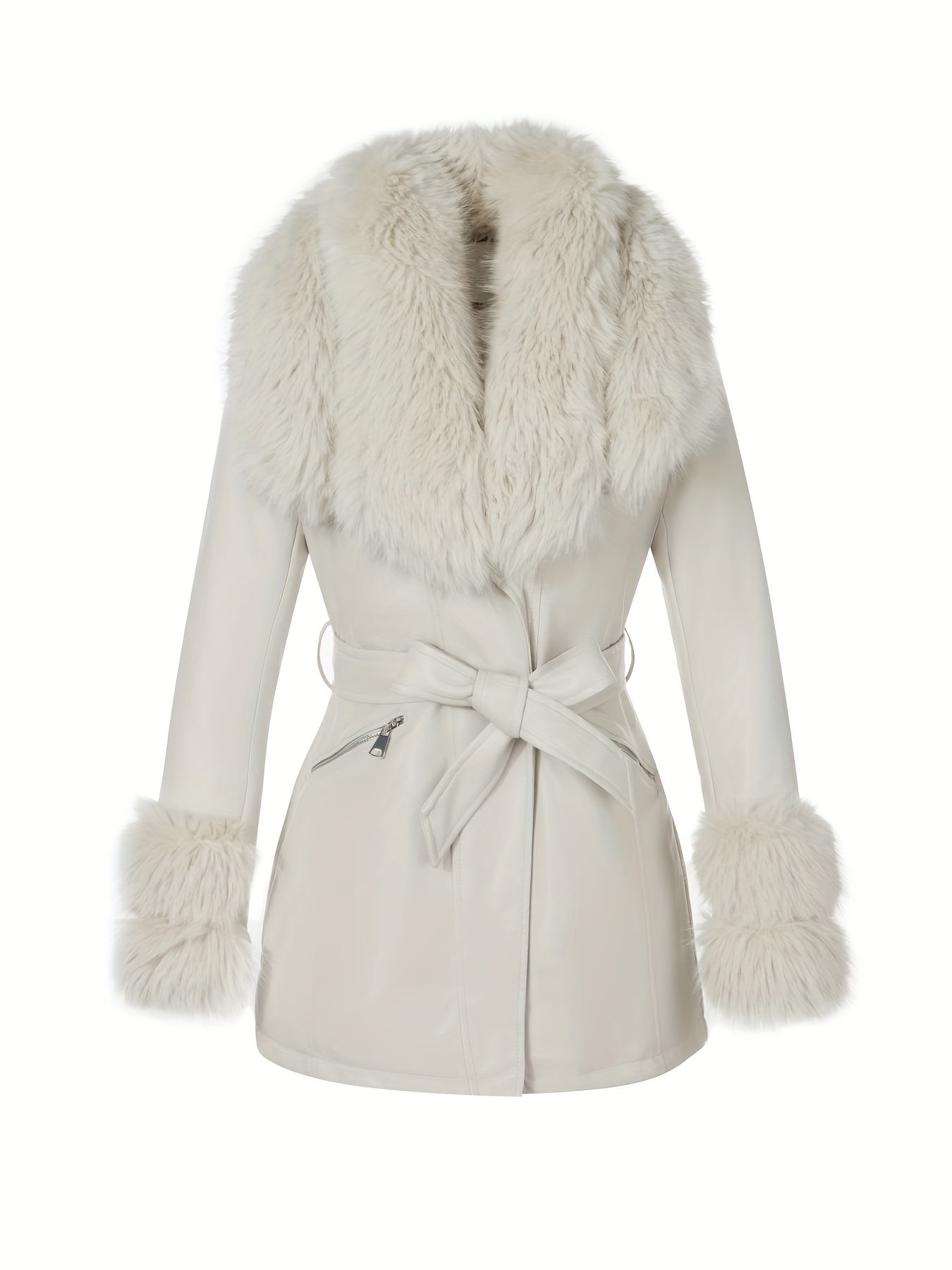 Women's Elegant Winter Jacket with Detachable Fake Fur Collar & Lapel - Belted Coat, Solid Color Long Sleeve Outerwear for Fall/Winter, Non-Stretch for Dresses/Skirts/Jeans