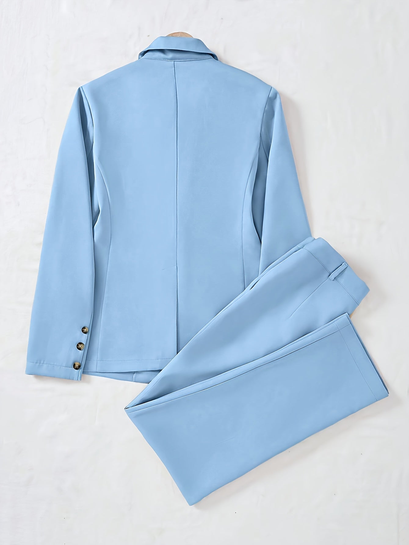 Women'S 2pcs Minimalist Suit Set - Light Blue Single-Breasted Blazer & Pants with Notched Lapel, Long Sleeves, and Button Details for Office or Casual Wear, Spring/Fall Collection, Office Attire | Notched Lapel Blazer | Butto