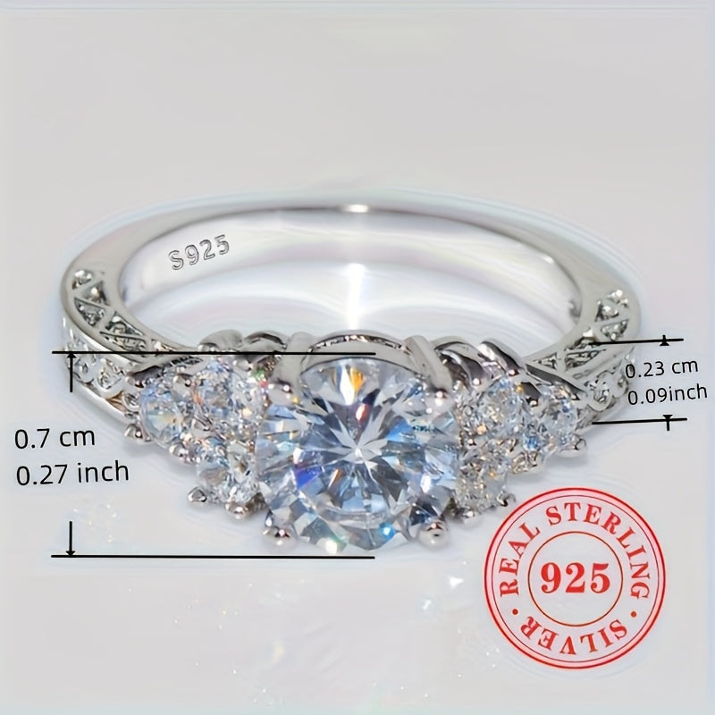 S925 Sterling Silvery Synthetic Zirconia Ring for Women - Elegant Engagement & Proposal Gift, 4-Prong Setting, Sparkling Round Stones, Rhodium-Plated, Perfect for Weddings & Daily Wear, Wedding Jewelry, Daily Wear Jewelry, Lu