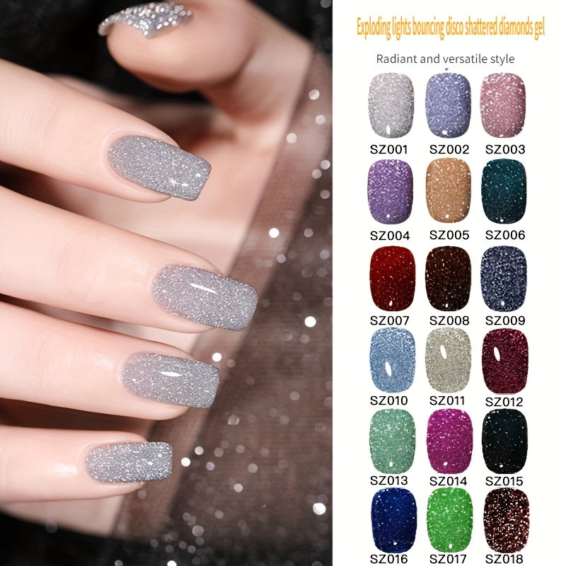 18 Colors New Disco Rhinestone Glue Ultra Bright Glitter Green Flash Nail Polish Gel with Reflective Sequins Semi-Permanent Soak Off Gel for Nails