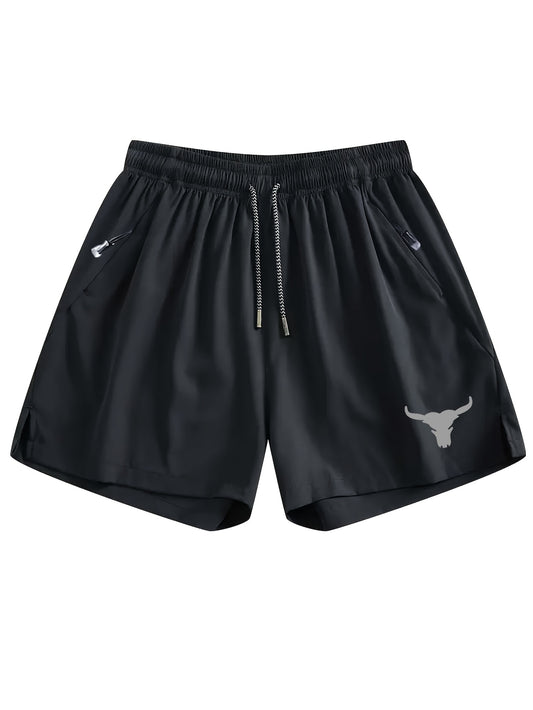 Men's Breathable Beach Shorts with Pockets - Stylish Bull Head Print, Lightweight Drawstring Swim & Athletic Shorts for Summer, Black Casual Wear for Fitness, Running & Outdoor Activities, Adjustable Comfort