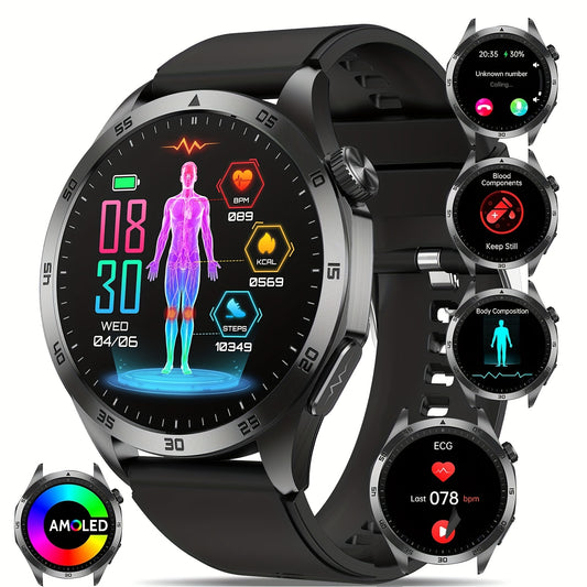 2025 Smartwatch: 380mAh Long-Last Battery, 3.63cm AMOLED Display, BT5.2 Calls, Menstrual & Weather Forecast, Multi-Sport Modes, Magnetic Charging, Voice Assistant/SOS, for Android & IOS Phone, Gift for Him & Her, Health Monit