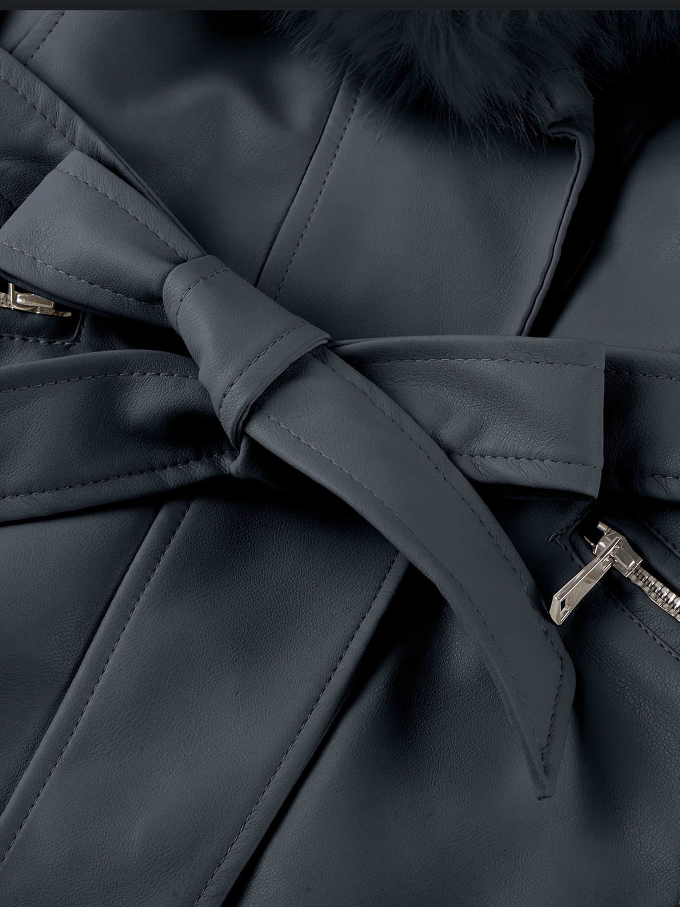 Women's Elegant Winter Jacket with Detachable Fake Fur Collar & Lapel - Belted Coat, Solid Color Long Sleeve Outerwear for Fall/Winter, Non-Stretch for Dresses/Skirts/Jeans