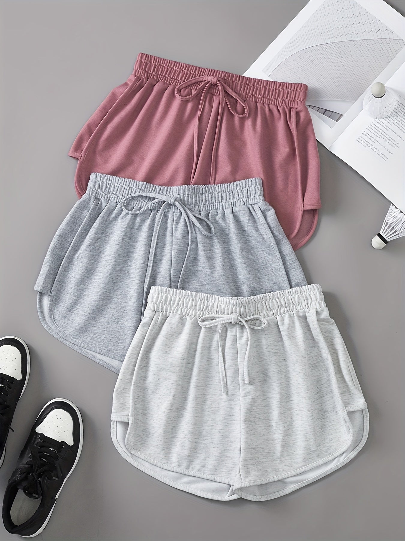 3 Pieces Set Solid Drawstring Running Shorts, Elastic Waist Casual Dolphin Shorts, Women's Clothing