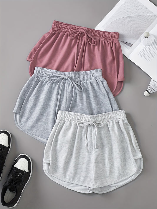 3 Pieces Set Solid Drawstring Running Shorts, Elastic Waist Casual Dolphin Shorts, Women's Clothing