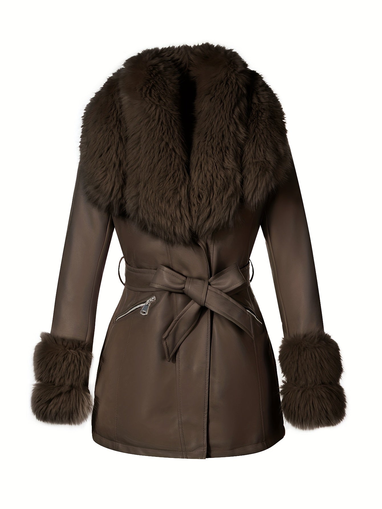 Women's Elegant Winter Jacket with Detachable Fake Fur Collar & Lapel - Belted Coat, Solid Color Long Sleeve Outerwear for Fall/Winter, Non-Stretch for Dresses/Skirts/Jeans