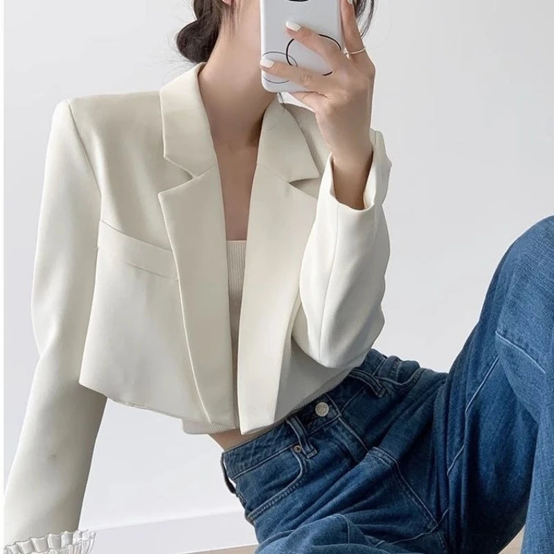 Fashion Women Short Blazer White Basic Jackets Top Elegant Solid Long Sleeve Open Front Coats Casual Short Outwear Office Coat