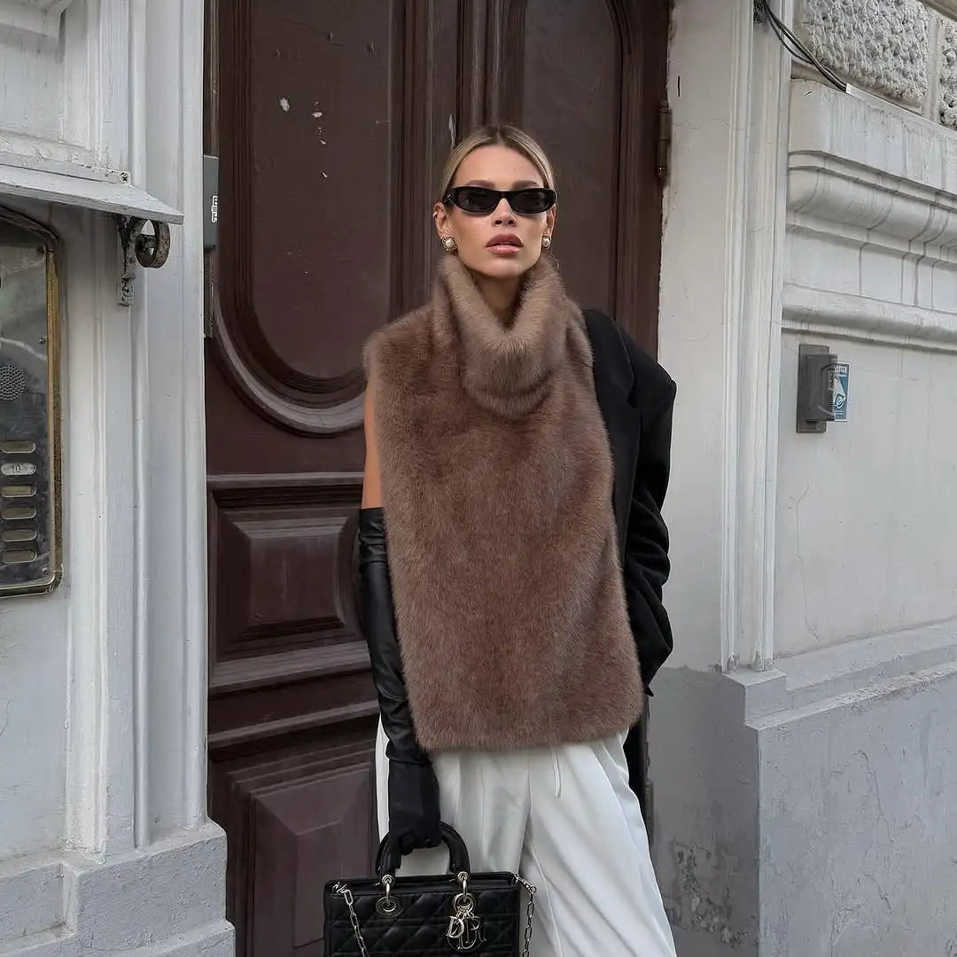 Women Brown Faux Fur Coat Shawl Collar Solid Full Loose Outerwears 2025 New Winter Fashion Street Commute Evening Event Lady Top