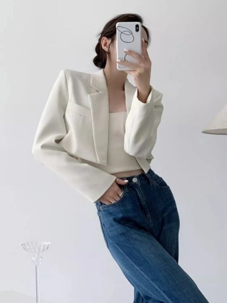 Fashion Women Short Blazer White Basic Jackets Top Elegant Solid Long Sleeve Open Front Coats Casual Short Outwear Office Coat
