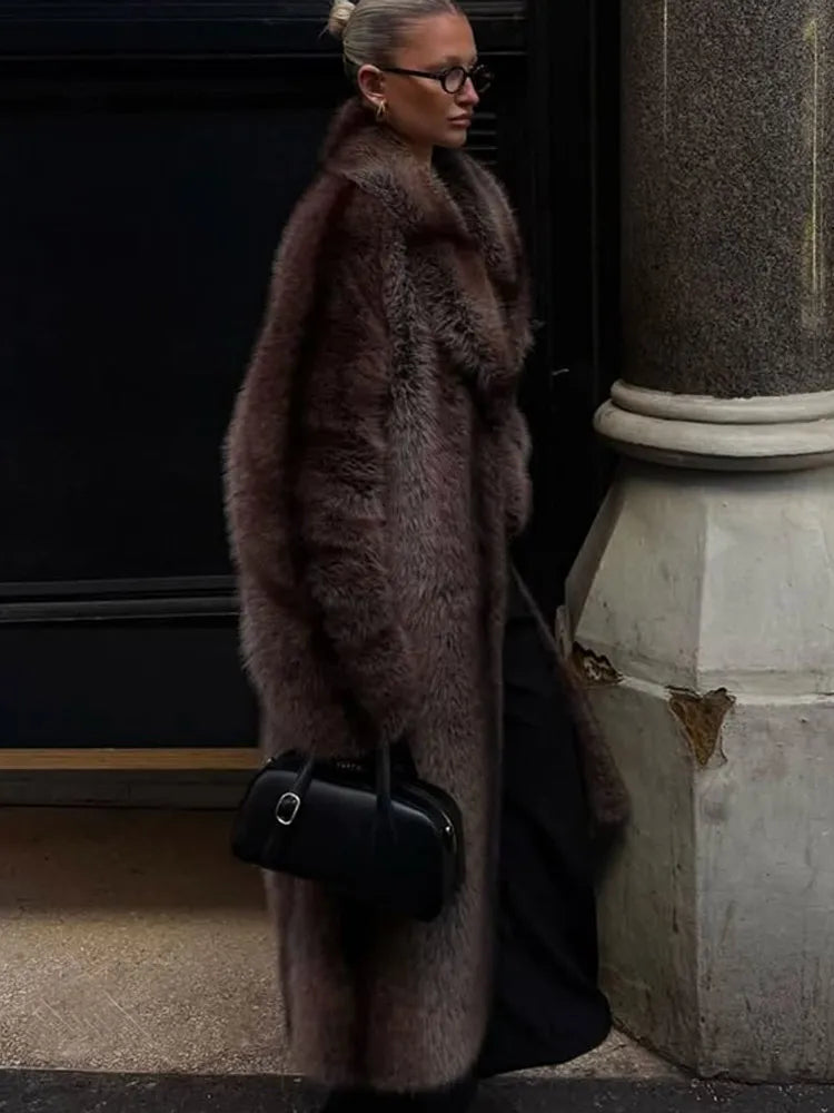 Women Brown Faux Fur Coat Shawl Collar Solid Full Loose Outerwears 2025 New Winter Fashion Street Commute Evening Event Lady Top