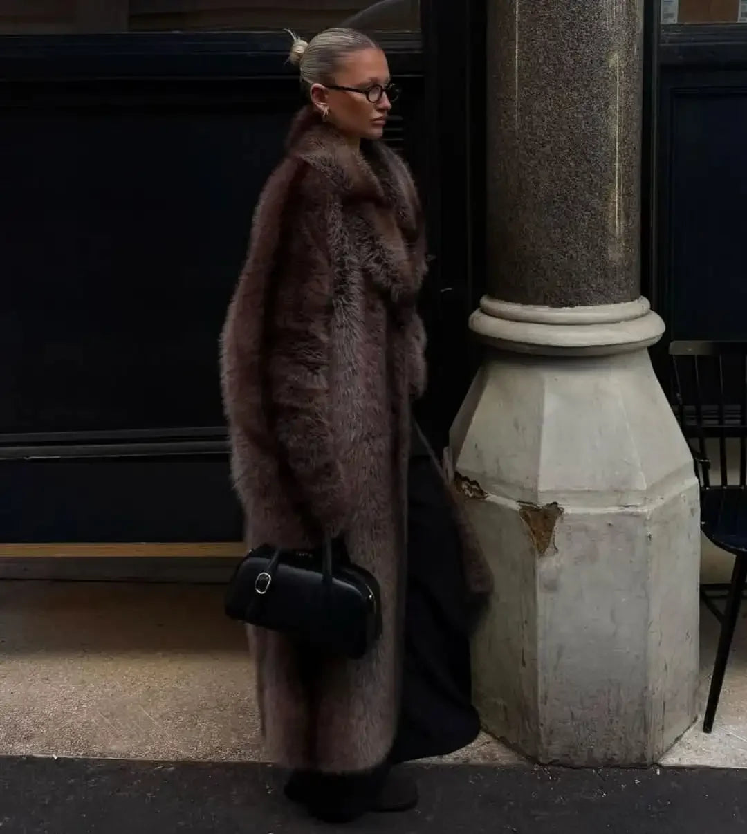 Women Brown Faux Fur Coat Shawl Collar Solid Full Loose Outerwears 2025 New Winter Fashion Street Commute Evening Event Lady Top