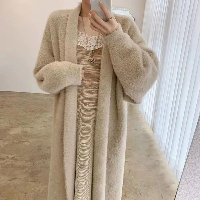 white Long Cardigan for women 2025 new winter clothes Knitted fluffy long sleeve Cashmere sweater coat korean style warm vintage