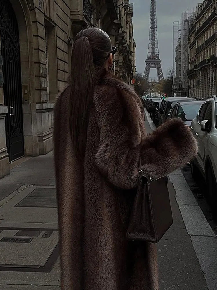 Women Brown Faux Fur Coat Shawl Collar Solid Full Loose Outerwears 2025 New Winter Fashion Street Commute Evening Event Lady Top