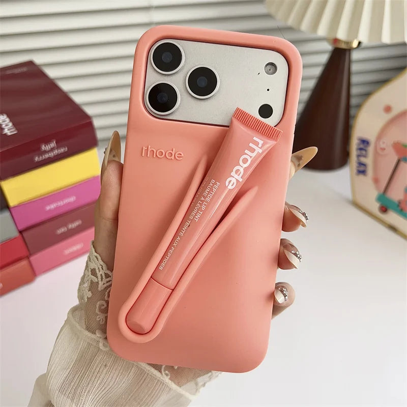 With Lipstick Phone Case for iPhone 17 13 14 15 16 17 Pro Max Plus 12 17 Air Silicone Lip Gloss Holder Hot INS Soft Cover Funda