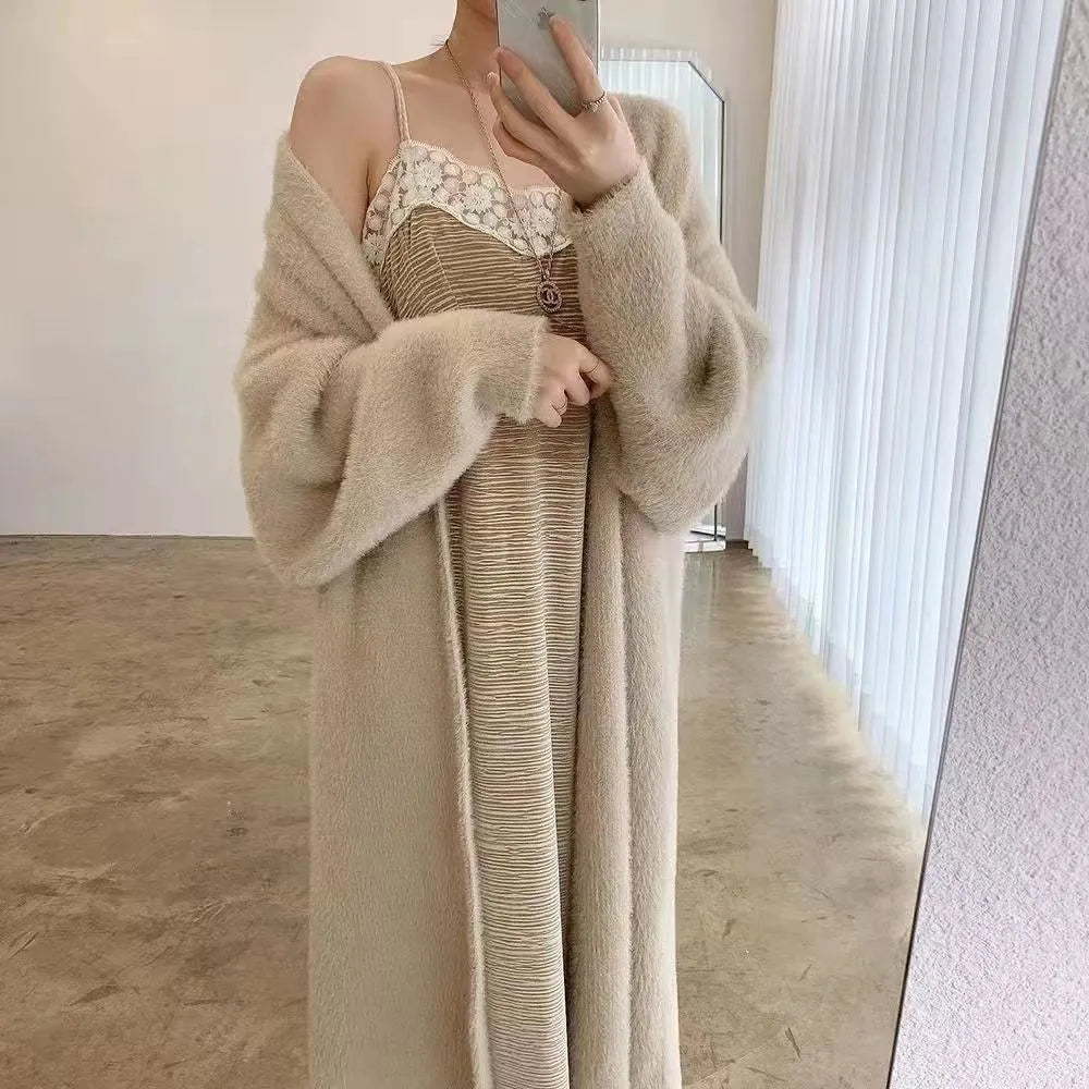 white Long Cardigan for women 2025 new winter clothes Knitted fluffy long sleeve Cashmere sweater coat korean style warm vintage