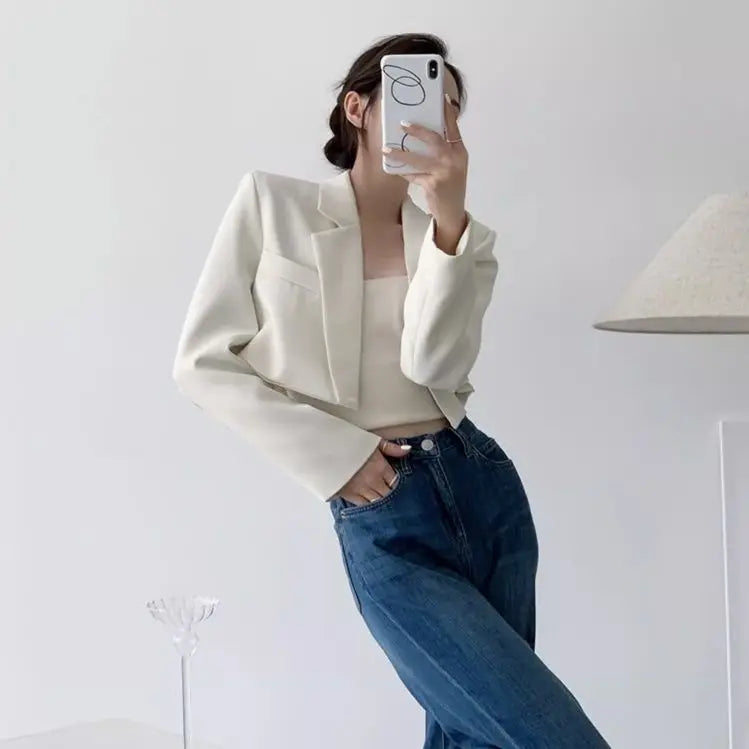 Fashion Women Short Blazer White Basic Jackets Top Elegant Solid Long Sleeve Open Front Coats Casual Short Outwear Office Coat