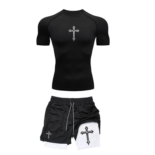 Jogging Breathable Compression Sportswear Summer Men's Training Two-piece Tight T-shirt Fitness Shorts Gym Workout Set RL0008