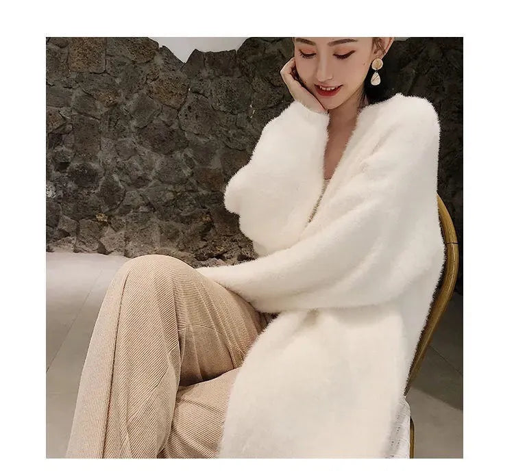 white Long Cardigan for women 2025 new winter clothes Knitted fluffy long sleeve Cashmere sweater coat korean style warm vintage