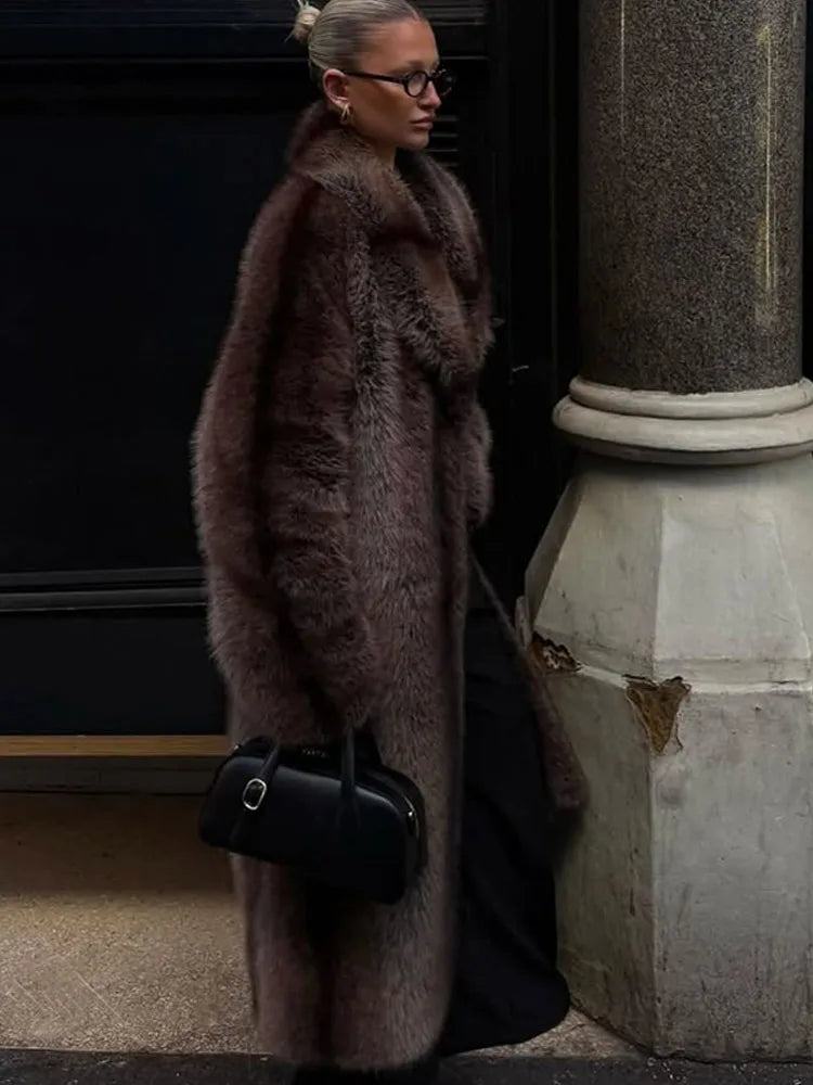 Women Brown Faux Fur Coat Shawl Collar Solid Full Loose Outerwears 2025 New Winter Fashion Street Commute Evening Event Lady Top