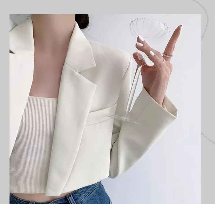 Fashion Women Short Blazer White Basic Jackets Top Elegant Solid Long Sleeve Open Front Coats Casual Short Outwear Office Coat
