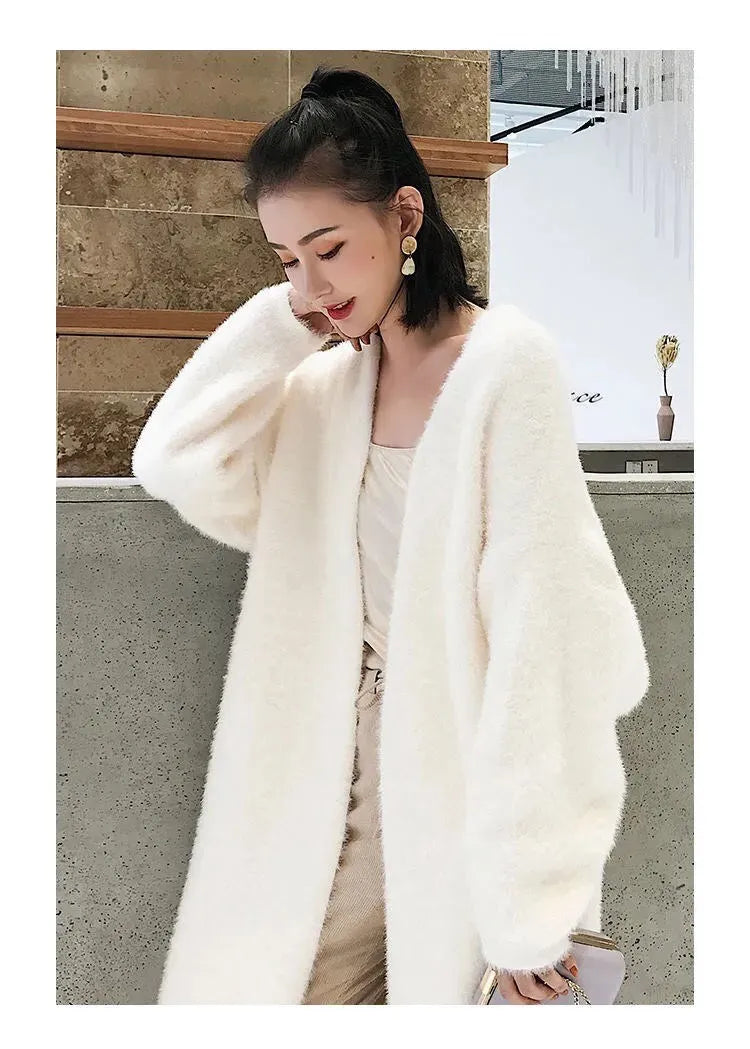 white Long Cardigan for women 2025 new winter clothes Knitted fluffy long sleeve Cashmere sweater coat korean style warm vintage