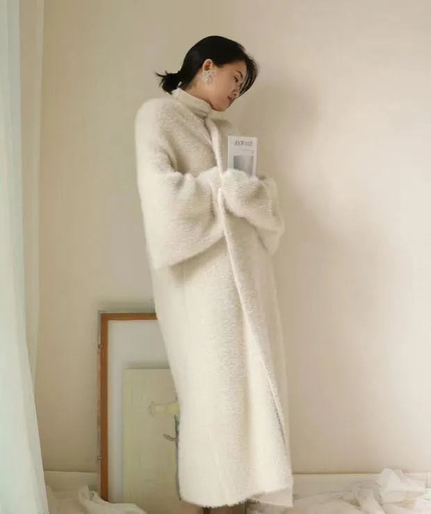 white Long Cardigan for women 2025 new winter clothes Knitted fluffy long sleeve Cashmere sweater coat korean style warm vintage