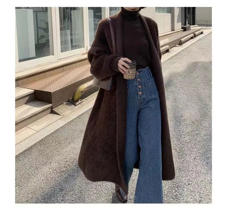 white Long Cardigan for women 2025 new winter clothes Knitted fluffy long sleeve Cashmere sweater coat korean style warm vintage