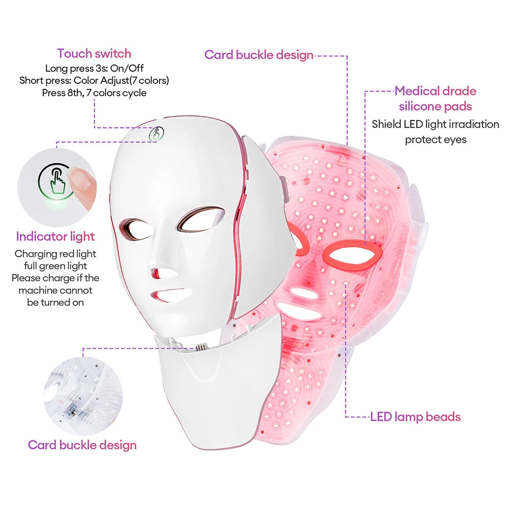 MODERISER LED Face and  Neck Mask ,7 Color Light Therapy