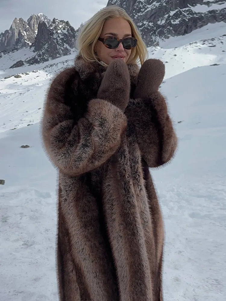 Women Brown Faux Fur Coat Shawl Collar Solid Full Loose Outerwears 2025 New Winter Fashion Street Commute Evening Event Lady Top