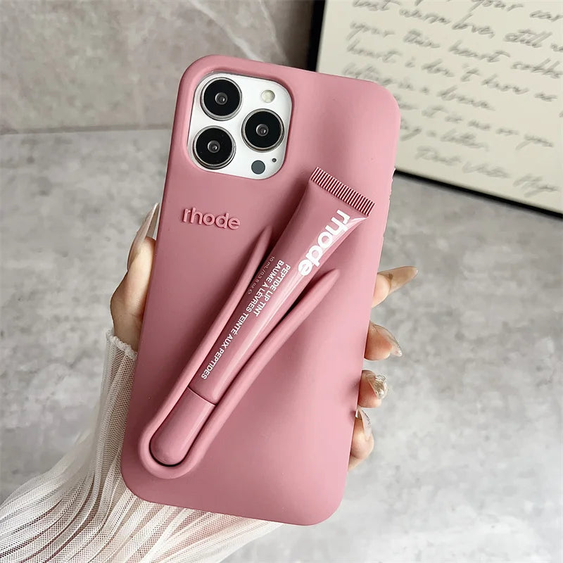 With Lipstick Phone Case for iPhone 17 13 14 15 16 17 Pro Max Plus 12 17 Air Silicone Lip Gloss Holder Hot INS Soft Cover Funda