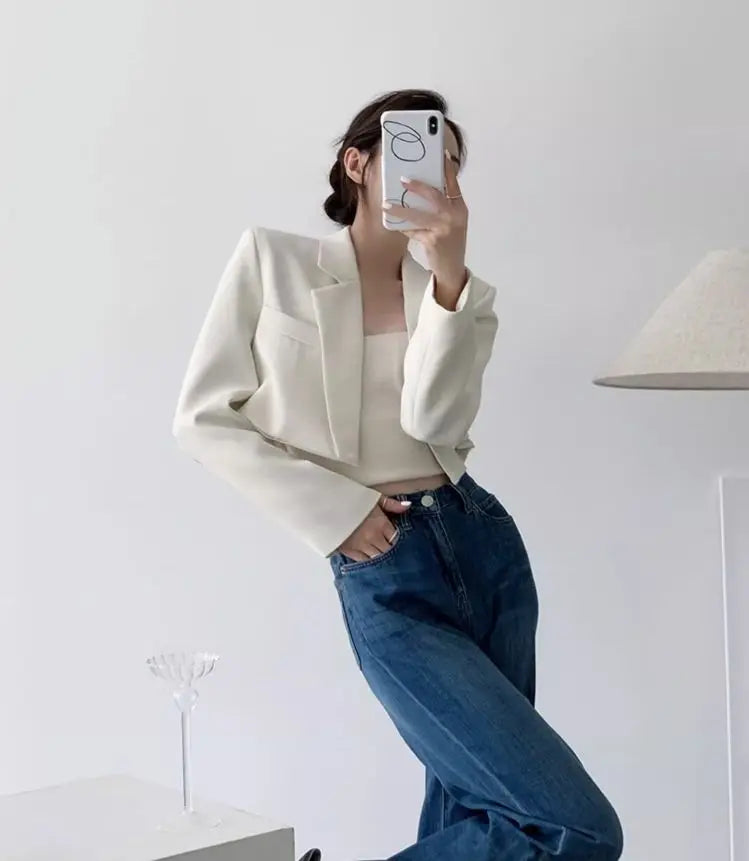 Fashion Women Short Blazer White Basic Jackets Top Elegant Solid Long Sleeve Open Front Coats Casual Short Outwear Office Coat