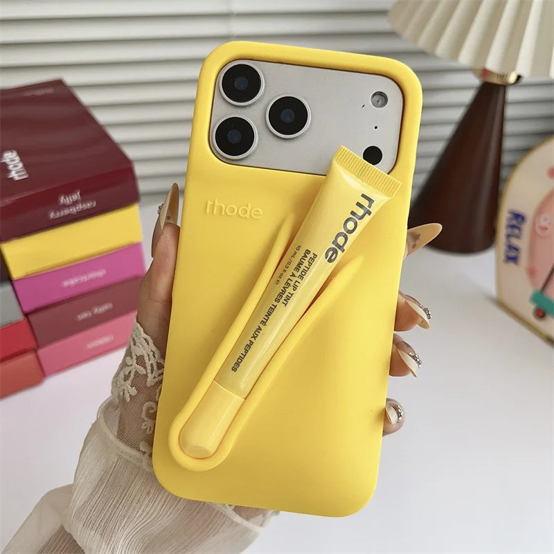 With Lipstick Phone Case for iPhone 17 13 14 15 16 17 Pro Max Plus 12 17 Air Silicone Lip Gloss Holder Hot INS Soft Cover Funda