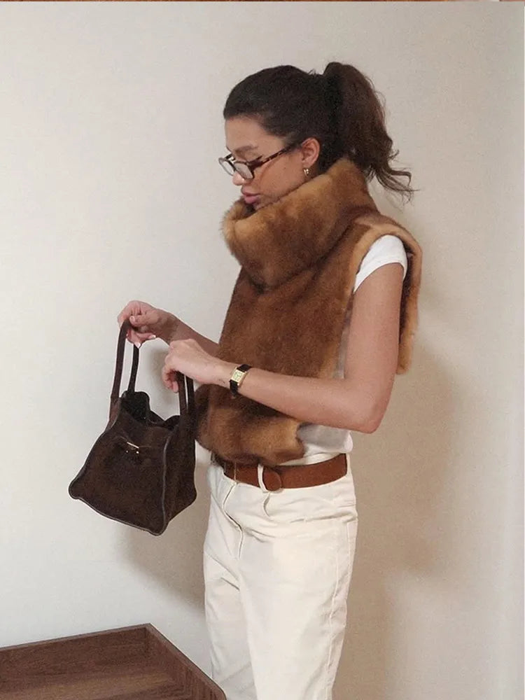 Women Brown Faux Fur Coat Shawl Collar Solid Full Loose Outerwears 2025 New Winter Fashion Street Commute Evening Event Lady Top