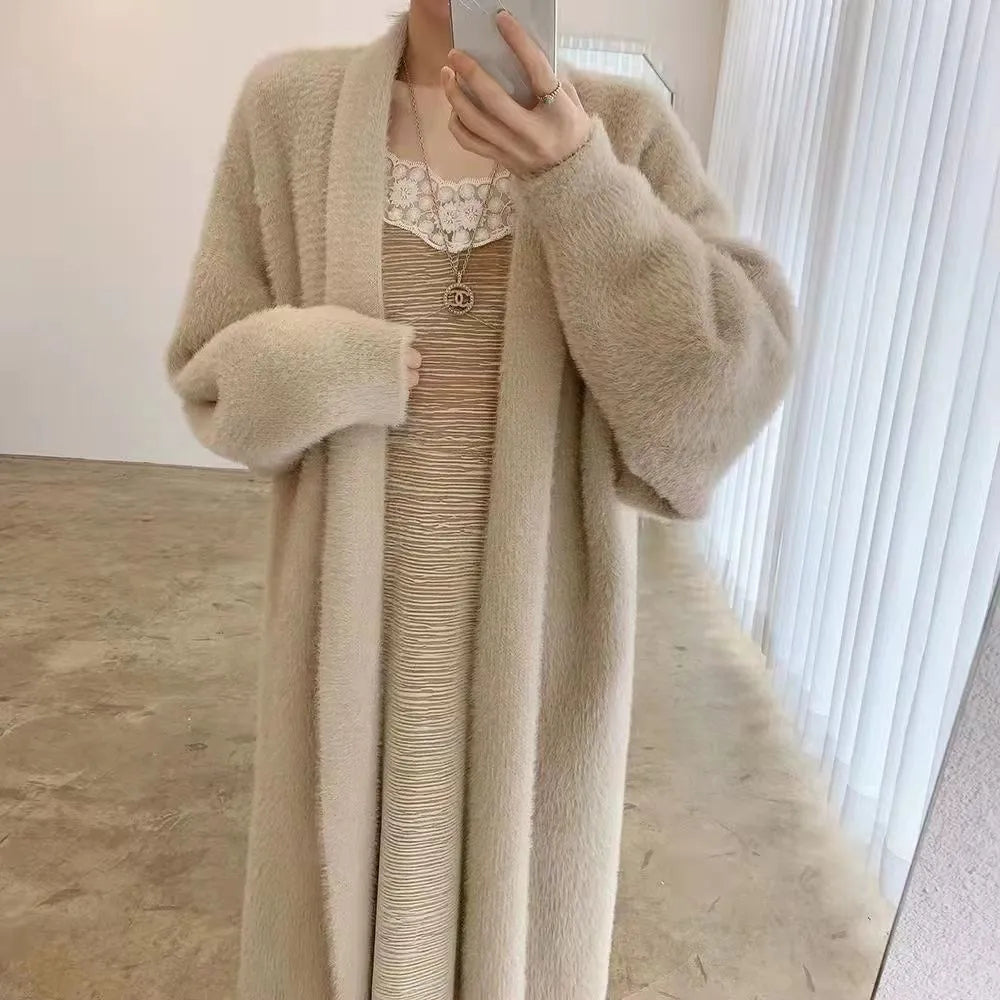 white Long Cardigan for women 2025 new winter clothes Knitted fluffy long sleeve Cashmere sweater coat korean style warm vintage