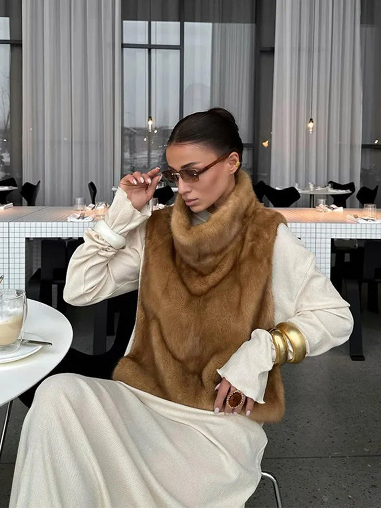 Women Brown Faux Fur Coat Shawl Collar Solid Full Loose Outerwears 2025 New Winter Fashion Street Commute Evening Event Lady Top