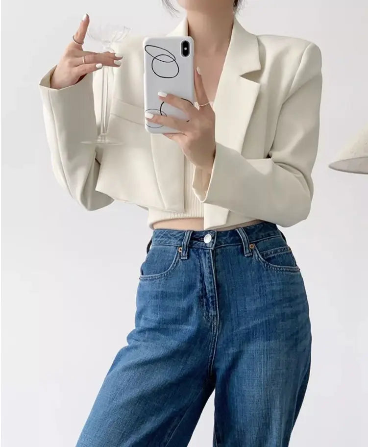 Fashion Women Short Blazer White Basic Jackets Top Elegant Solid Long Sleeve Open Front Coats Casual Short Outwear Office Coat