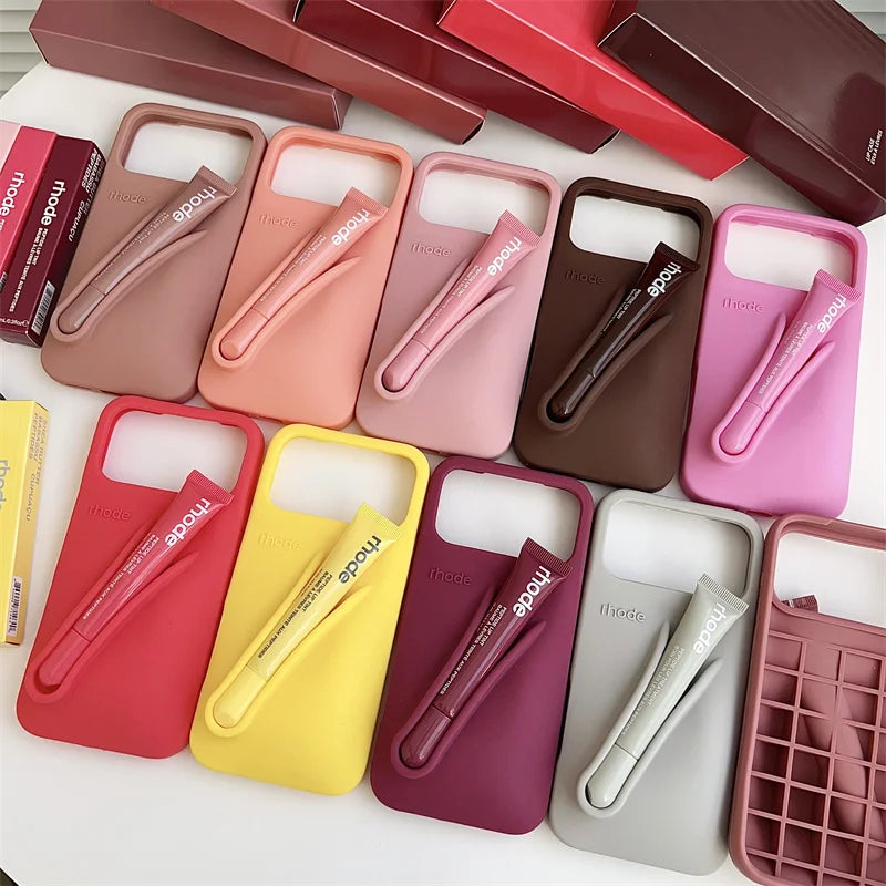 With Lipstick Phone Case for iPhone 17 13 14 15 16 17 Pro Max Plus 12 17 Air Silicone Lip Gloss Holder Hot INS Soft Cover Funda