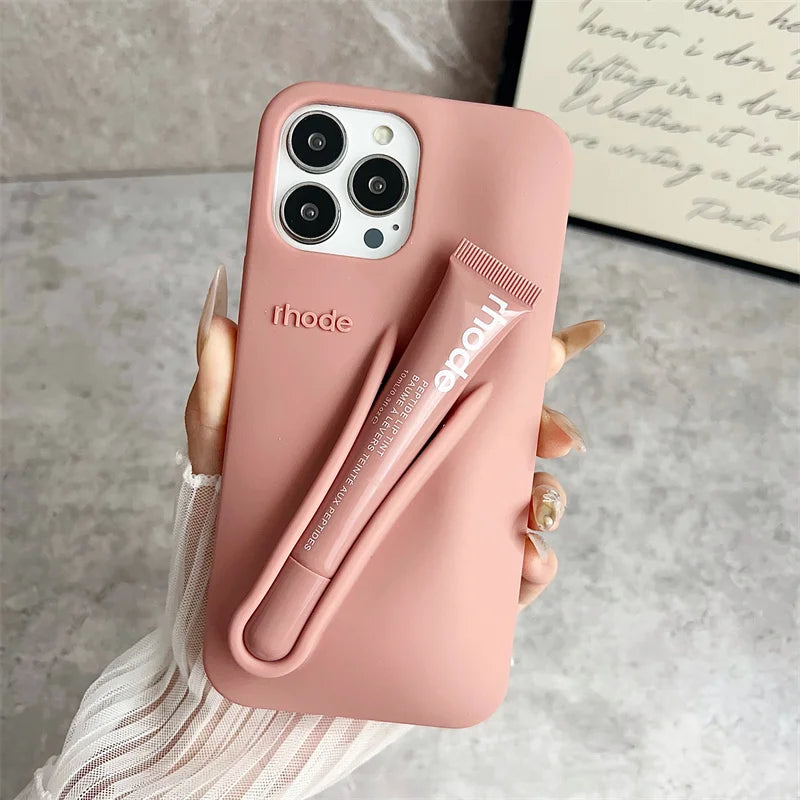 With Lipstick Phone Case for iPhone 17 13 14 15 16 17 Pro Max Plus 12 17 Air Silicone Lip Gloss Holder Hot INS Soft Cover Funda