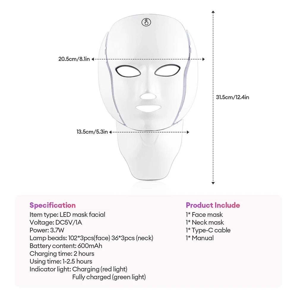 MODERISER LED Face and  Neck Mask ,7 Color Light Therapy